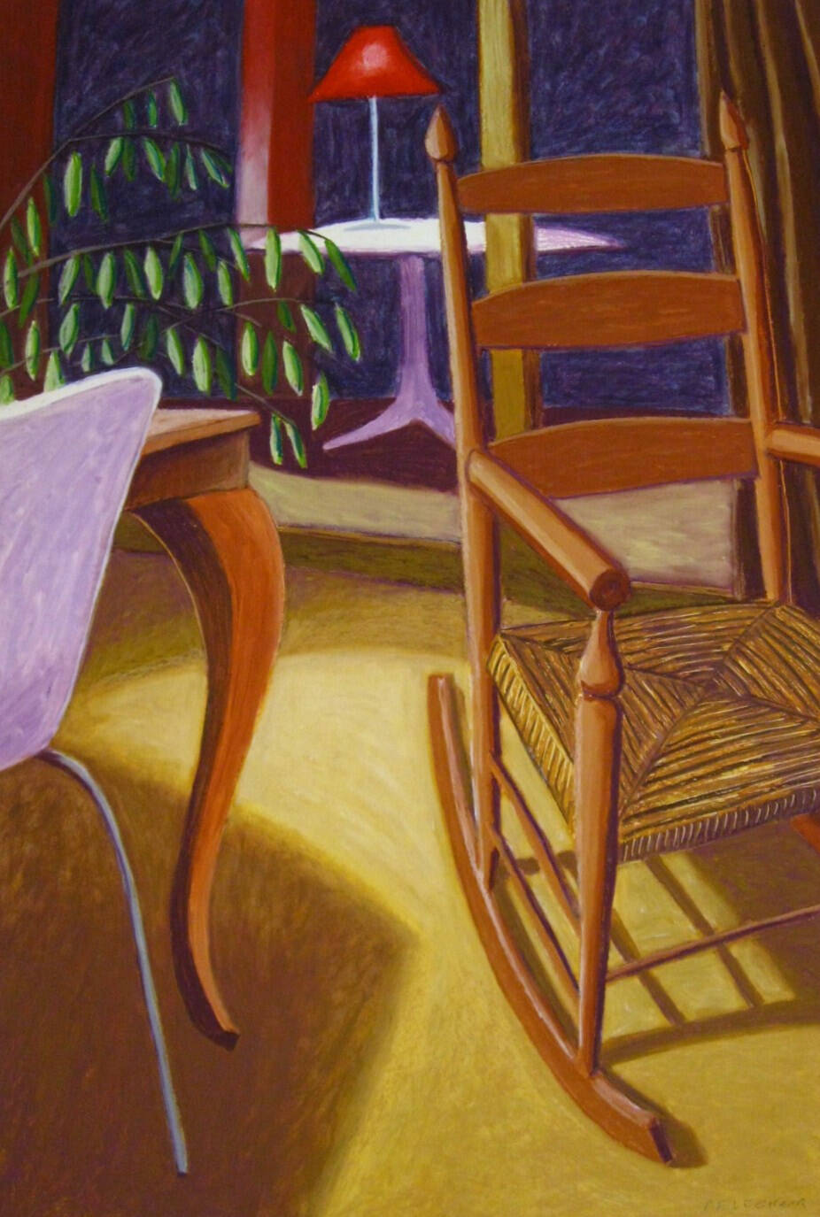 Brightly colored interior scene with a chair at a table, a rocking chair and a red lamp on a table.